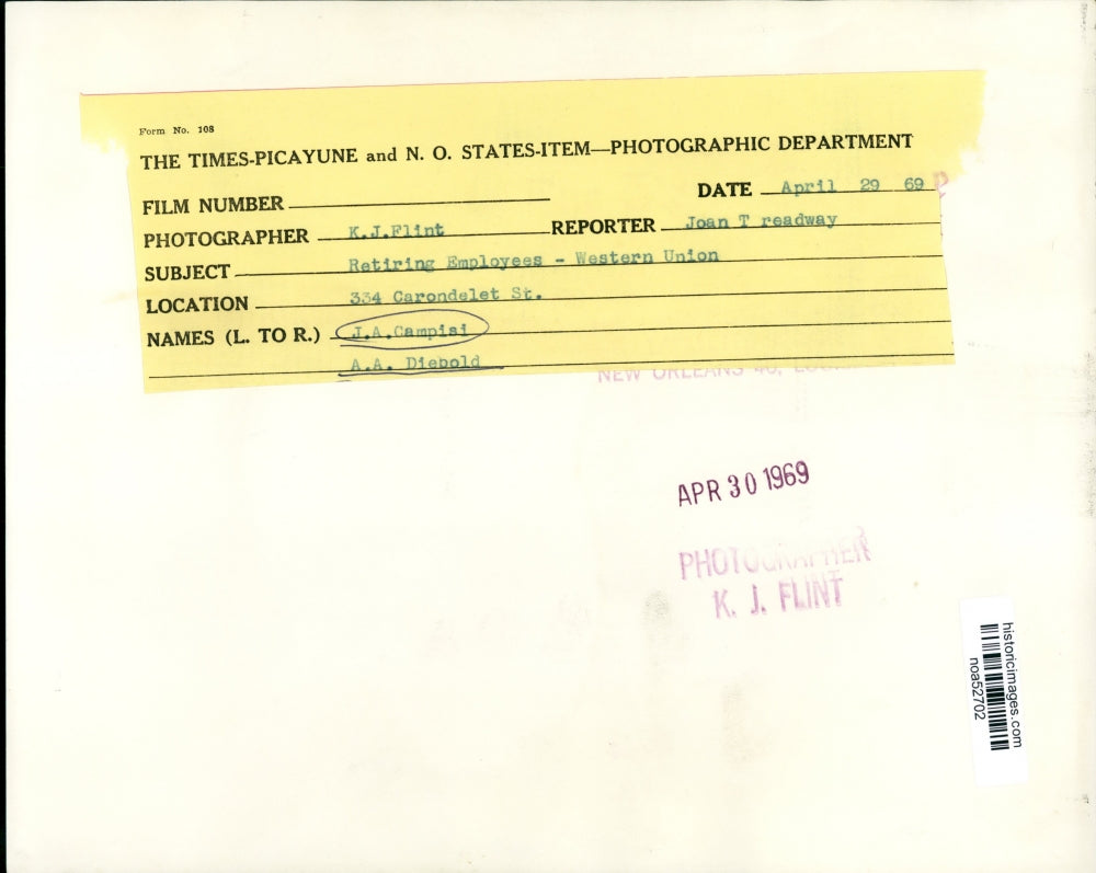 1969 Press Photo Western Union retiring employees J.A. Campisi & A.A. Dienold