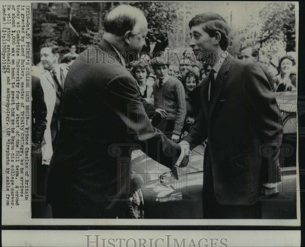 1967 Press Photo Prince Charles is greeted by Lord Butler of Trinity College