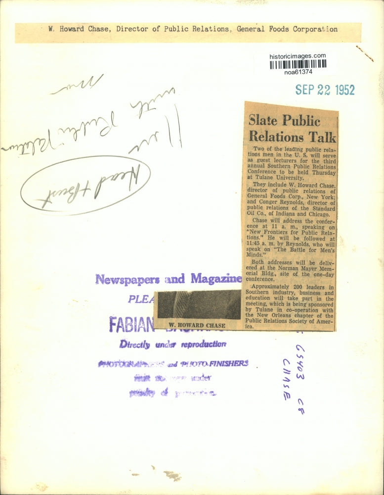 1952 Press Photo W Howard Chase, Director of Public Relations-General Foods Corp