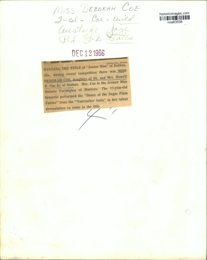 1966 Press Photo Miss Deborah Coe, winner of Junior Miss of Dothan, Alabama