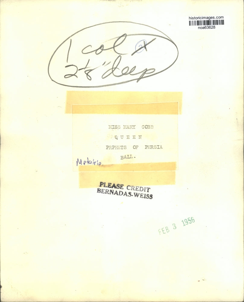 1956 Press Photo Miss Mary Cobb, Queen Prophets of Persia Ball in Metairie