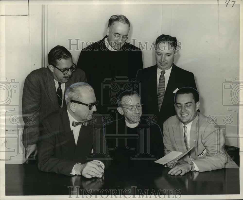 1955 Press Photo Jesuit High School Construction Bids Meeting with Reverend