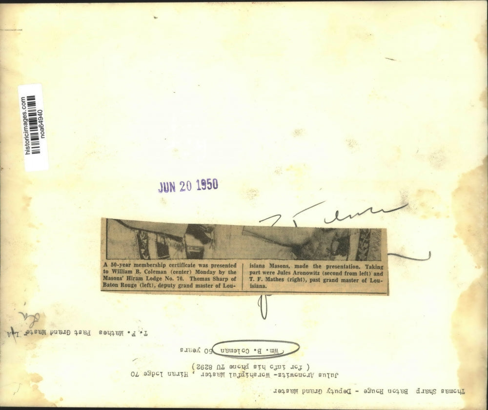 1950 Press Photo Membership Certificate given to William B. Coleman with Others