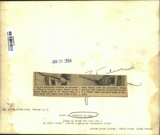 1950 Press Photo Membership Certificate given to William B. Coleman with Others
