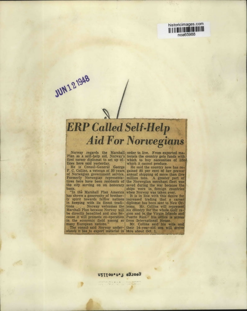 1948 Press Photo Consul-General George F. C. Collins, Norway diplomat