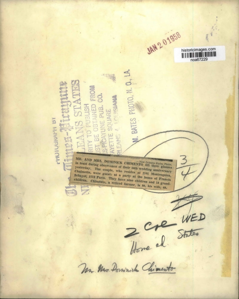 1958 Press Photo Mr. & Mrs. Dominick Chimento toast 50th wedding anniversary.