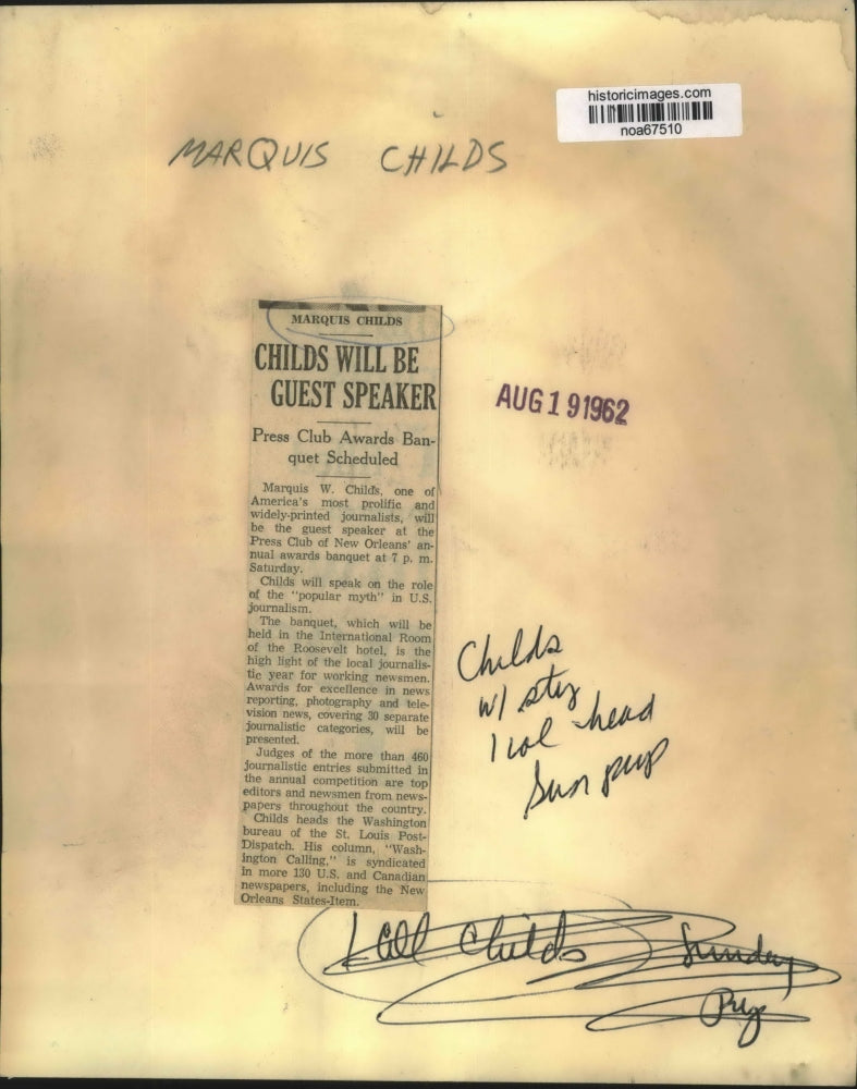 1962 Press Photo American Journalist Marquis W. Childs - noa67510