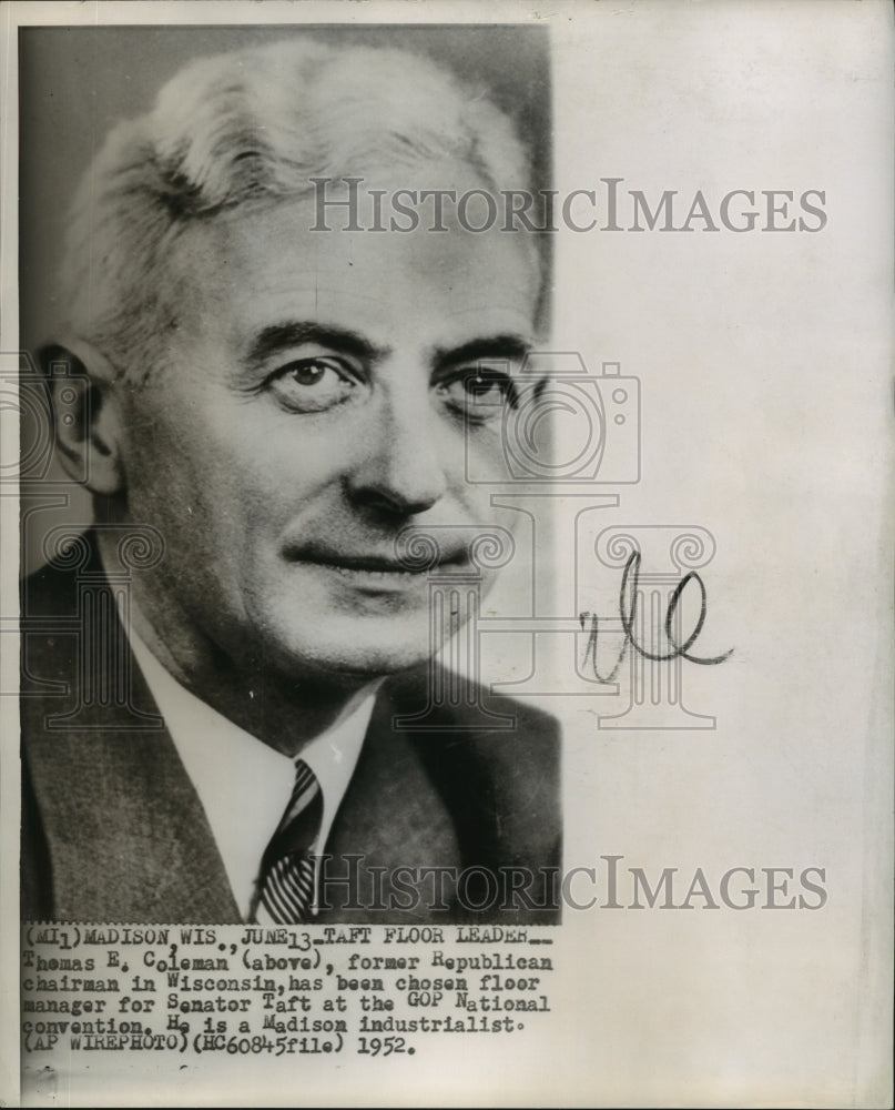 1952 Press Photo Thomas Coleman, former Wisconsin Republican Chairman