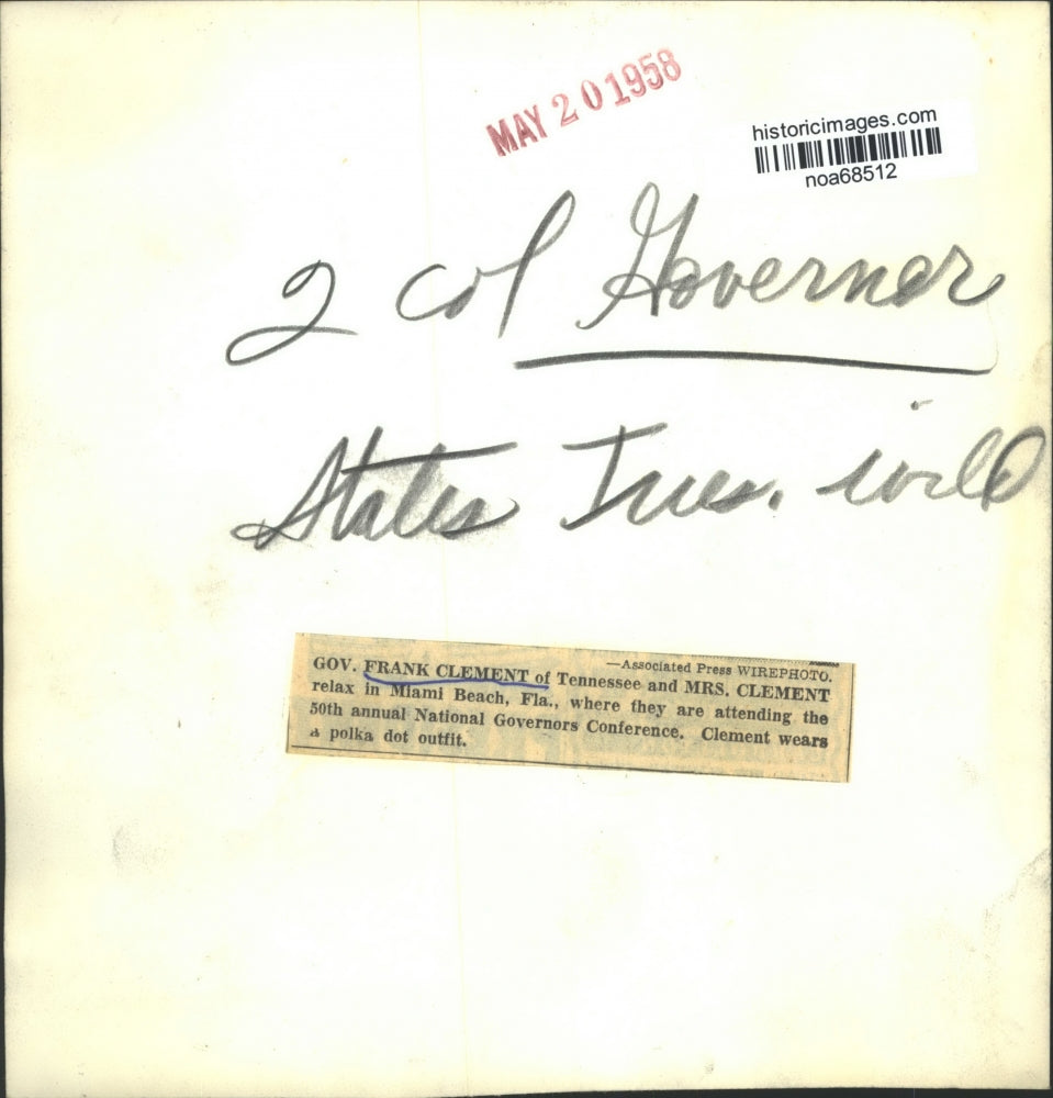 1958 Press Photo Governor & Mrs. Frank Clement of Tennessee in Miami Beach