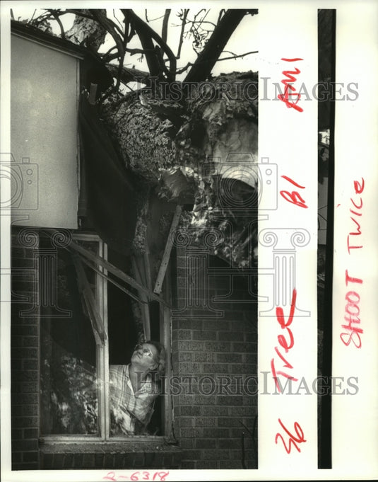 1987 Press Photo Fay Clements checks the wind damage to her home. - noa68882- Historic Images