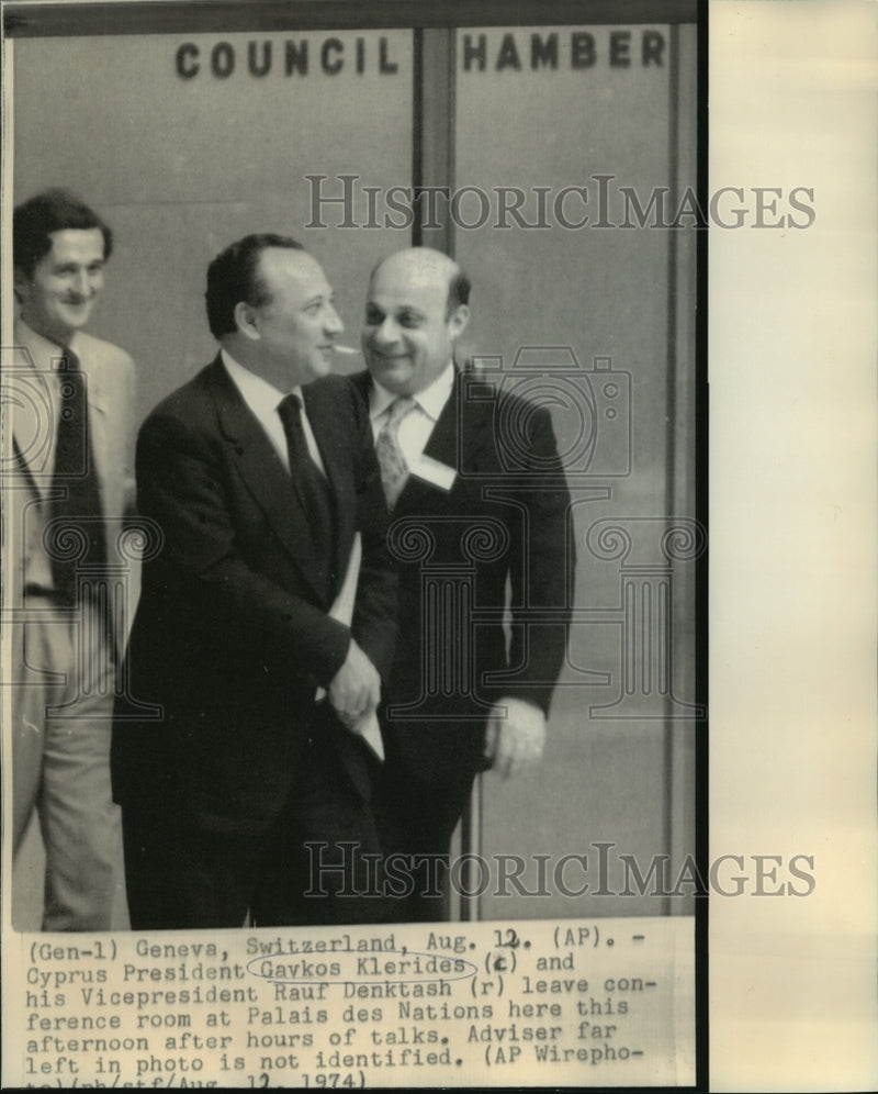 Load image into Gallery viewer, 1974 Press Photo Cyprus President Gaykos Klerides &amp; Raul Denktash in Geneva
