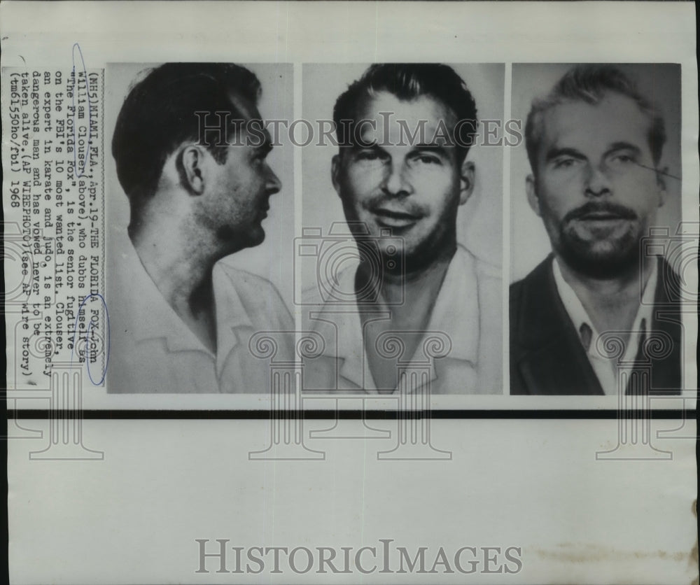 1968 Press Photo John Clouser, &quot;The Florida Fox,&quot; senior fugitive on FBI list.- Historic Images