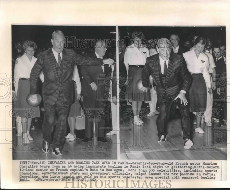 Load image into Gallery viewer, 1960 Press Photo Actor Maurice Chevalier Bowling in Bois Du Boulogne in Paris
