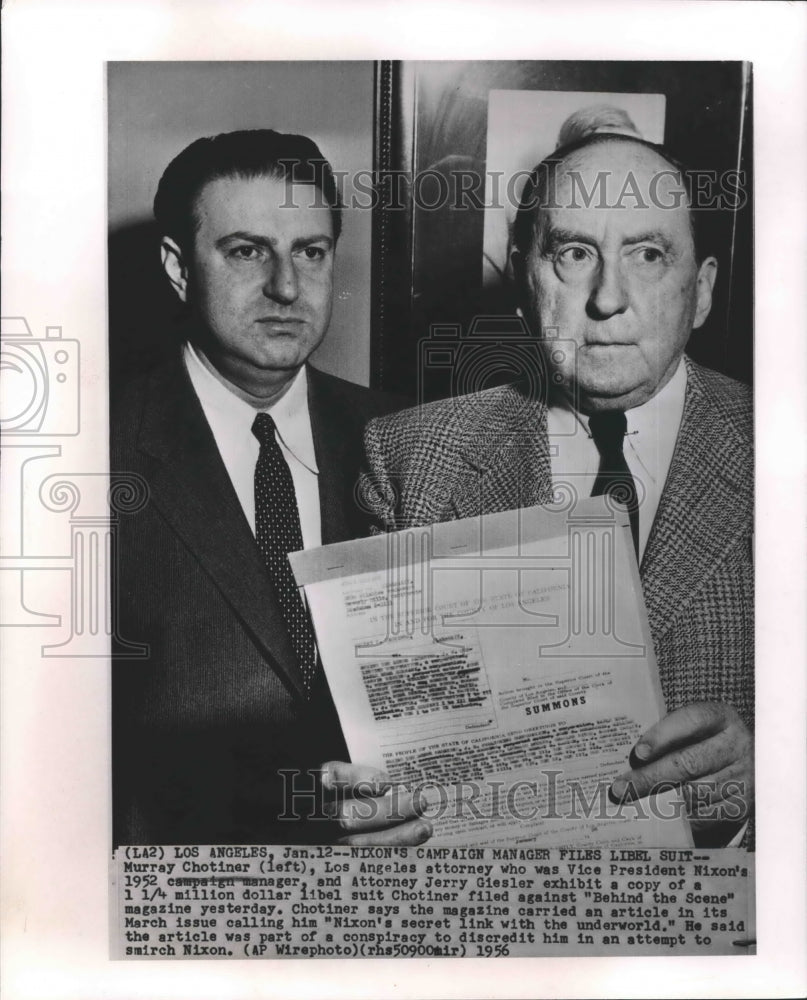 1956 Press Photo Murray Chotiner, Attorney Jerry Giesler File Libel Suit