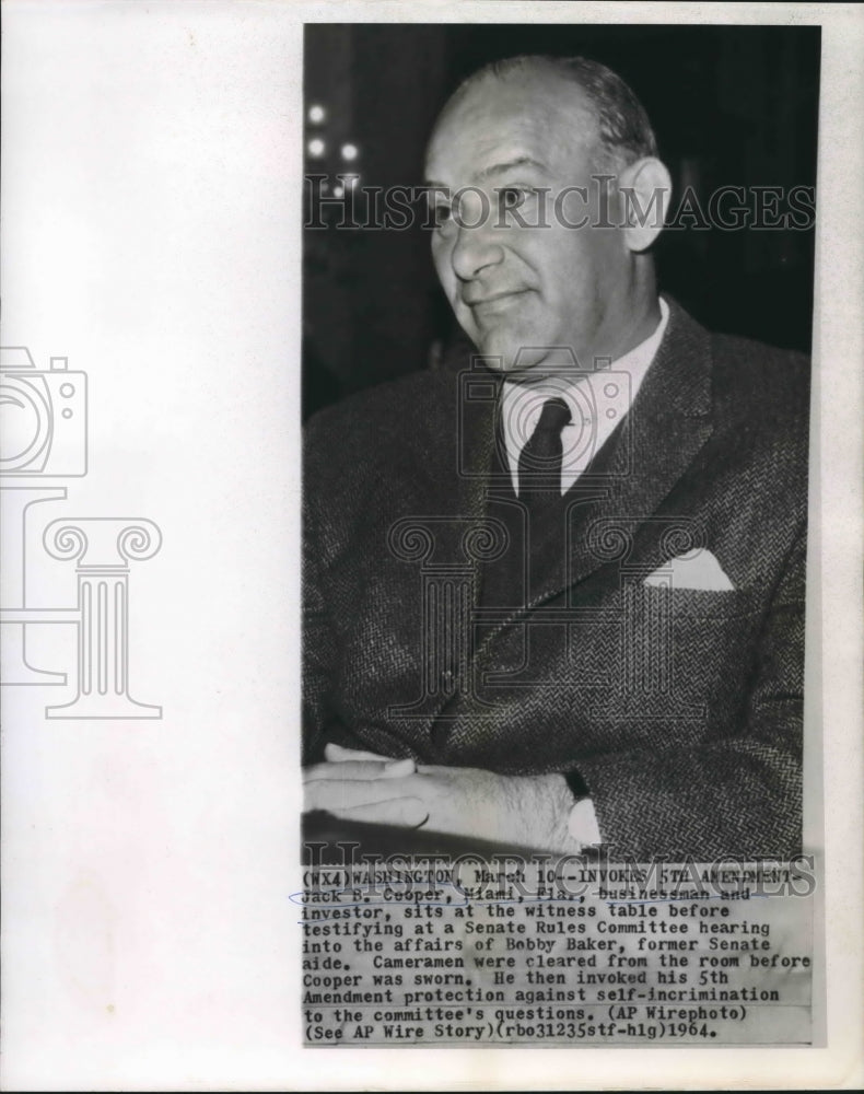 1964 Press Photo Jack Cooper, Miami, at witness table of Senate Rules Committee