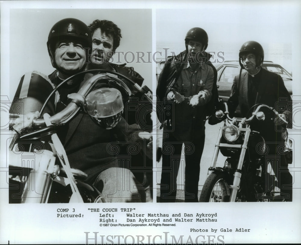 1987 Press Photo &quot;The Couch Trip&quot; cast riding a motorcycle- Historic Images