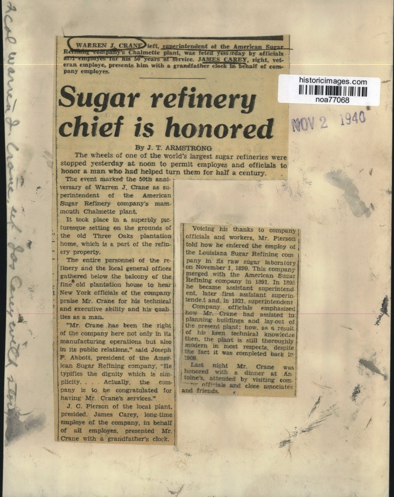 1940 Press Photo Warren Crane, Superintendent of American Sugar Refining Company