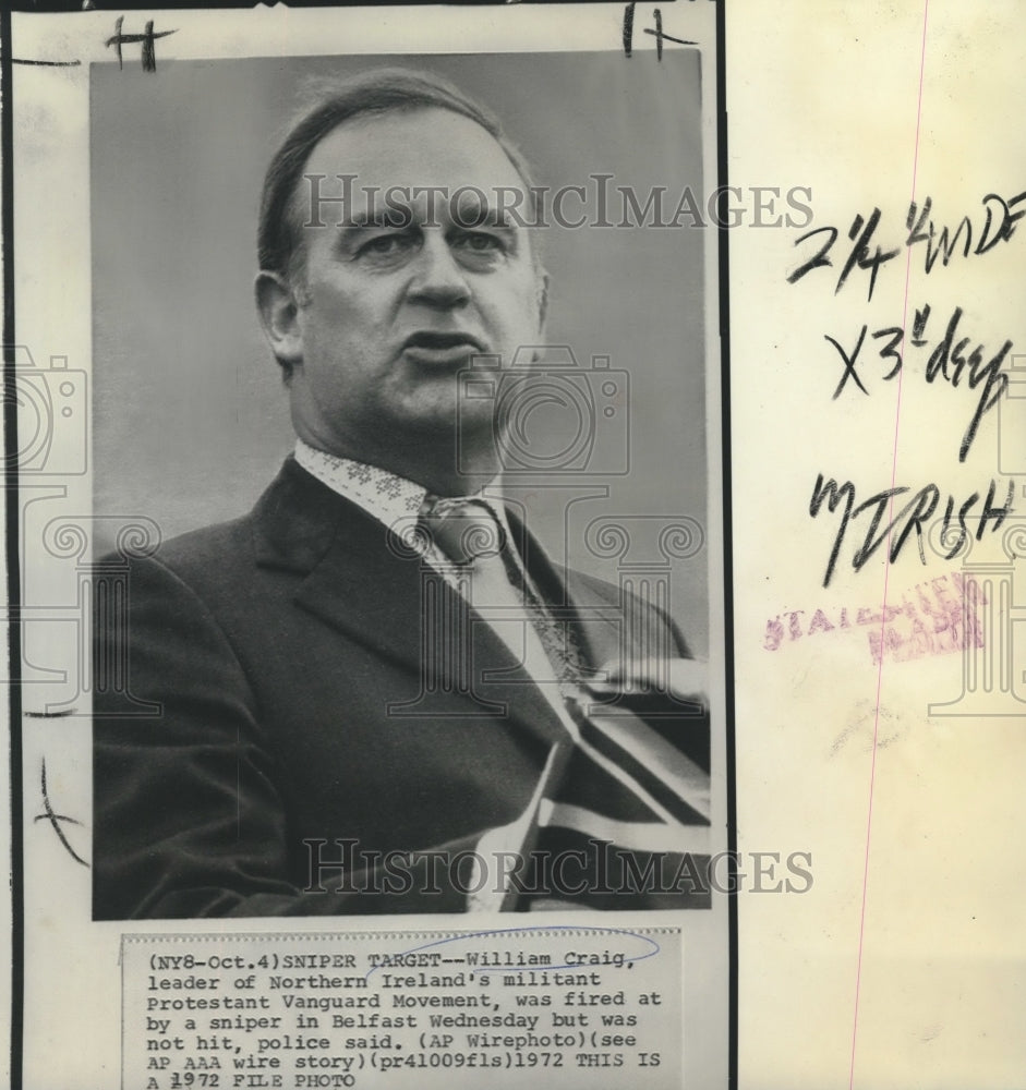 1972 Press Photo William Craig, leader of militant Protestant Vanguard Movement- Historic Images