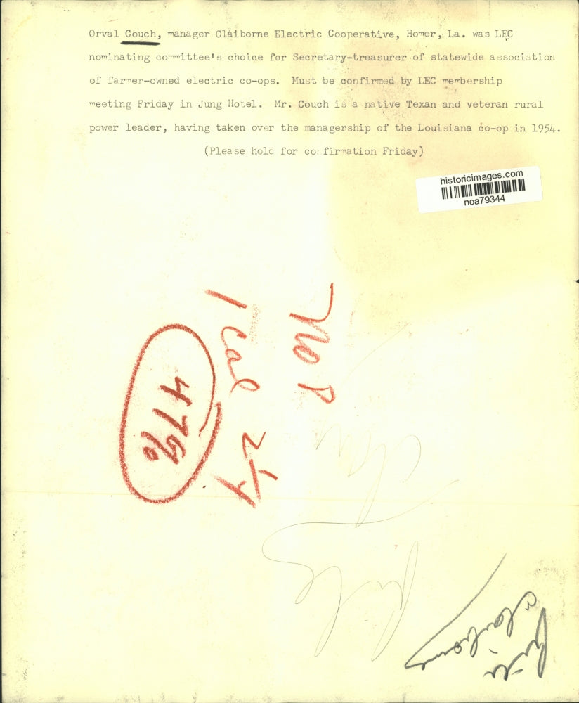 1954 Press Photo Orval Couch, Manager of Claiborne Electric Cooperative in Homer