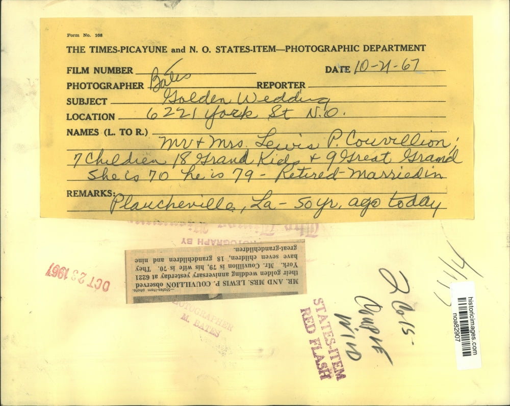 1967 Press Photo Mr. and Mrs. Lewis P. Courvillion at Golden Wedding Anniversary