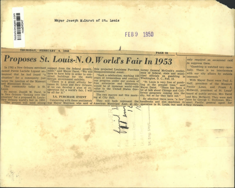 Load image into Gallery viewer, 1950 Press Photo Mayor Joseph M. Darst of St. Louis in New Orleans - noa84547

