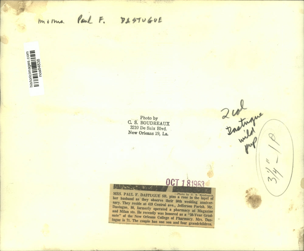 1963 Press Photo Mr. and Mrs. Paul F. Dastugue Sr. at 50th Wedding Anniversary