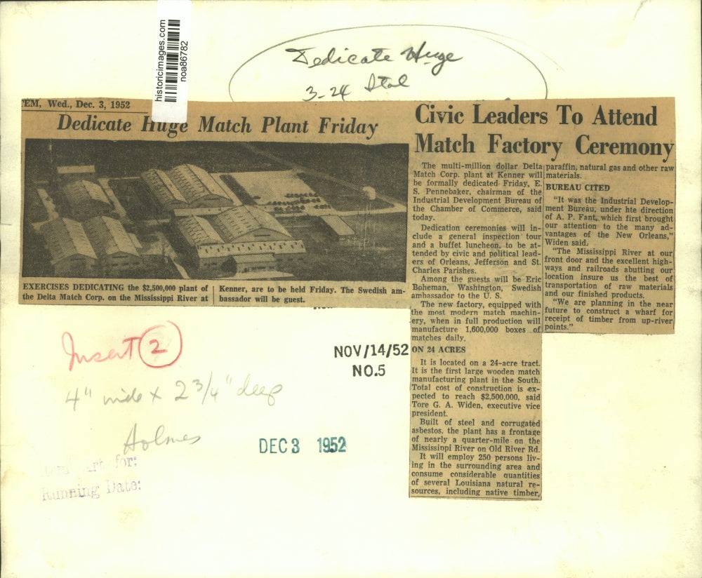 1952 Press Photo Aerial view of Delta Match Corp. plant on the Mississippi River