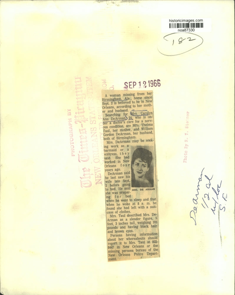 Load image into Gallery viewer, 1966 Press Photo Carolyn Ann DeArman missing woman from Birmingham, Alabama
