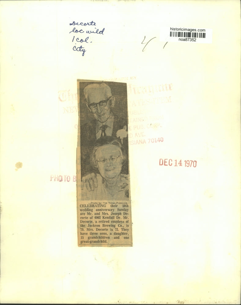 1970 Press Photo Mr. and Mrs. Joseph Decorte at Fiftieth Wedding Anniversary