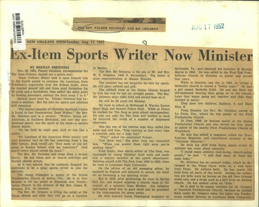 1952 Press Photo The Reverend Palmer Deloteaus and playing with his children