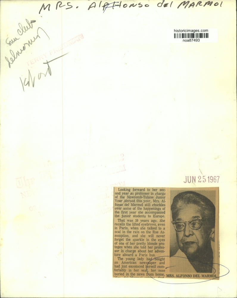 1967 Press Photo Mrs. Alfonso Del Marmol, Newcomb-Tulane Professor - noa87493