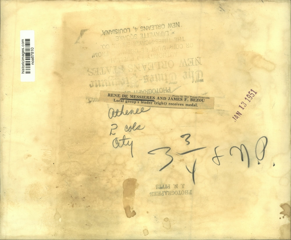 1951 Press Photo Rene de Messieres and James F. Bezou at Award Ceremony
