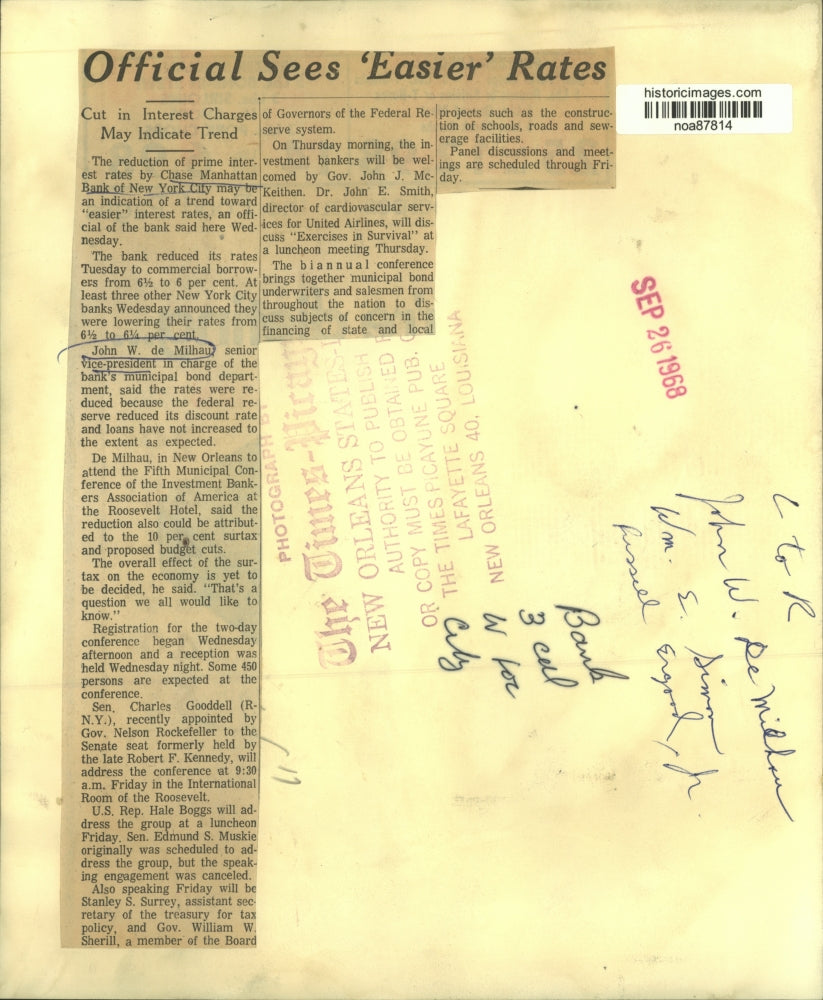 1968 Press Photo John W. de Milhau of Chase Manhattan Bank of New York City