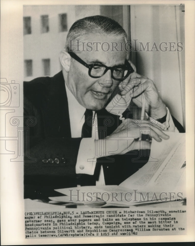 1962 Press Photo Richardson Dilworth talks on telephone in his Philadelphia HQ- Historic Images