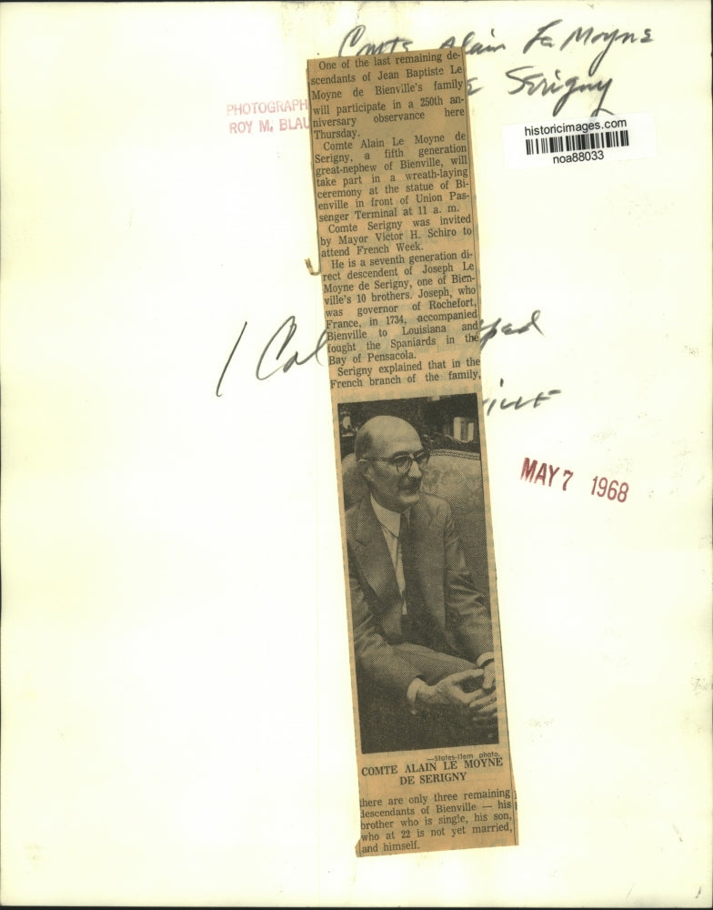 Load image into Gallery viewer, 1968 Press Photo Comte Alain Le Moyne de Serigny, last descendant of Bienville
