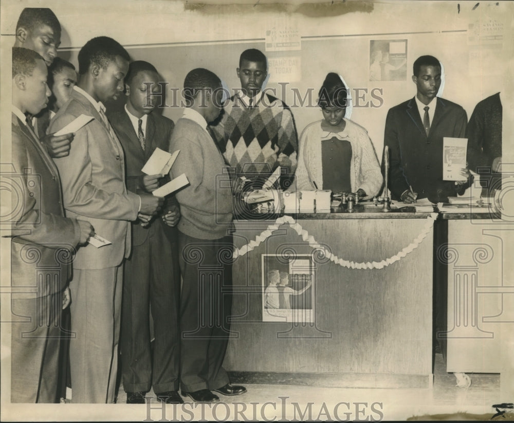  Press Photo Students Conduct a Stamp Sale at Junior High School- Historic Images