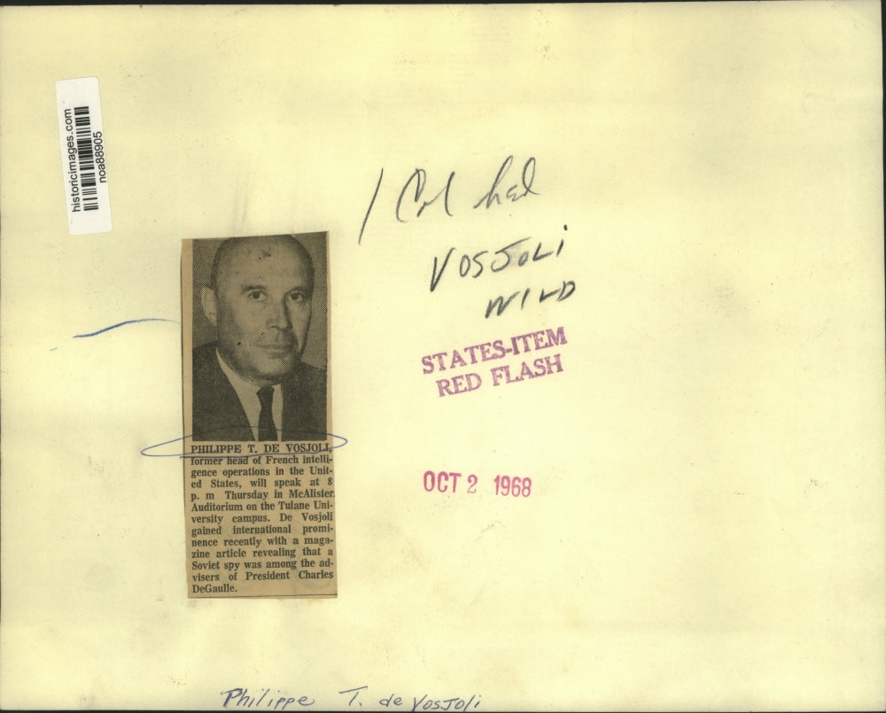 1968 Press Photo Former Head of French Intelligence Philippe T. De Vosjoli