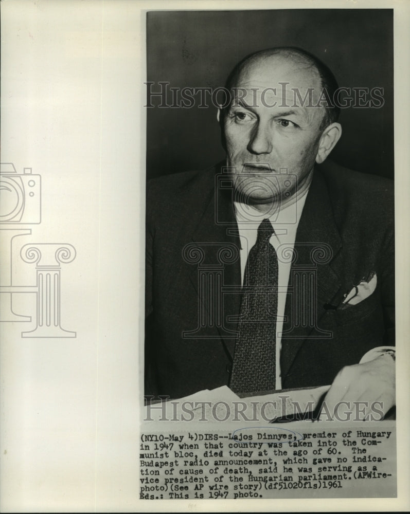 1947 Press Photo Lajos Dinnyes, premier of Hungary, vice-president - noa90365- Historic Images