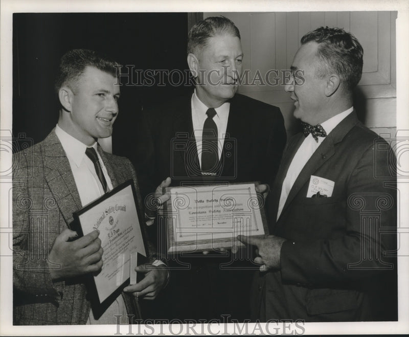 Load image into Gallery viewer, 1956 Press Photo R.J. Dugas with Two Other Men Holding Certificates - noa91853
