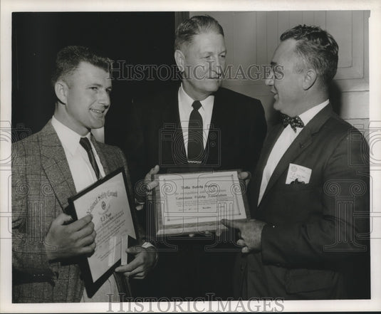 1956 Press Photo R.J. Dugas with Two Other Men Holding Certificates - noa91853