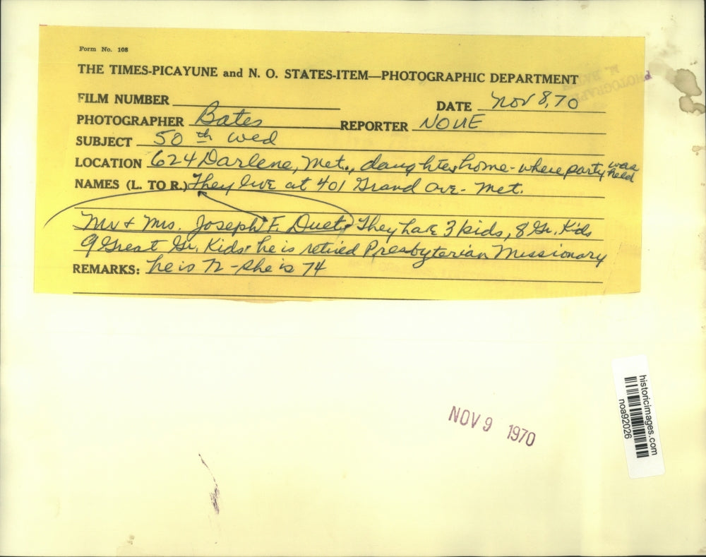 1970 Press Photo Mr. & Mrs. Joseph F. Duet Celebrate 50th Wedding Anniversary