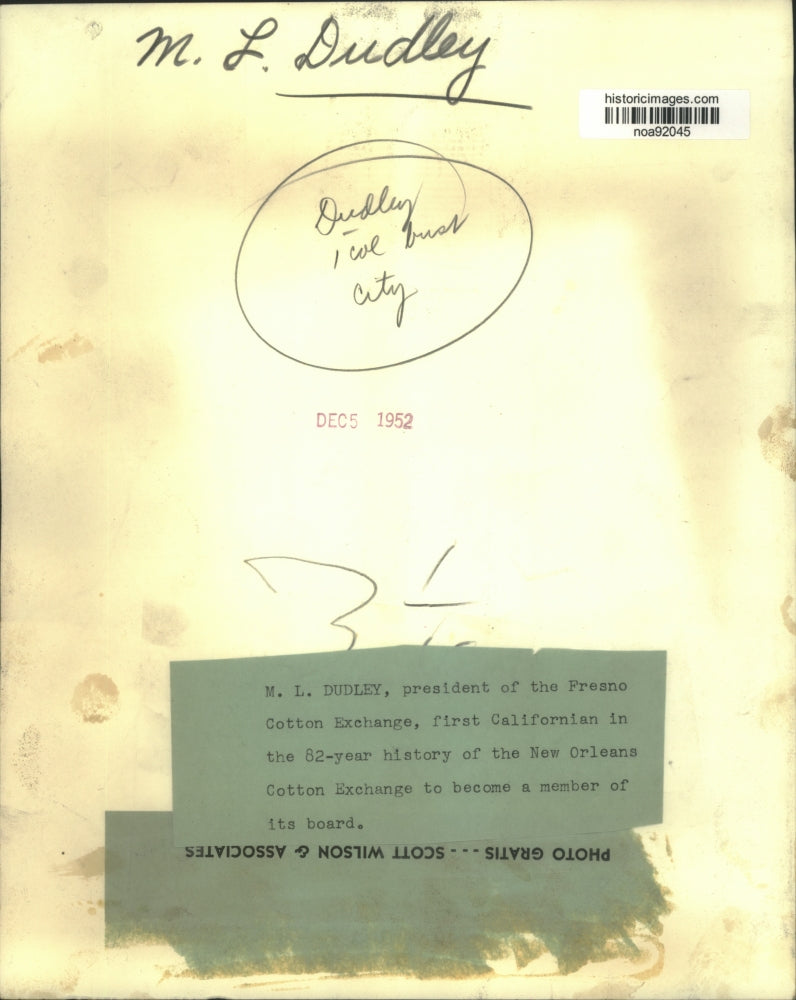 1952 Press Photo M.L. Dudley, president of the Fresno Cotton Exchange