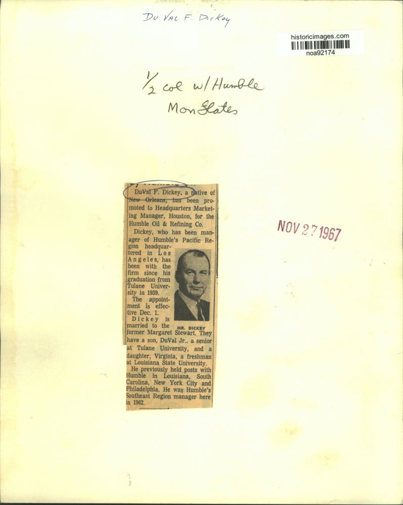 1967 Press Photo DuVal F. Dickey, Marketing Manager, Humble Oil & Refining Co.