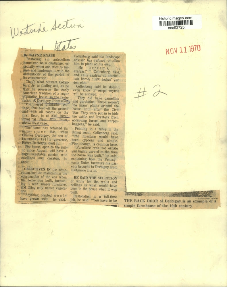 1970 Press Photo Back Door of Derbigny Plantation example of 19th Century Farm