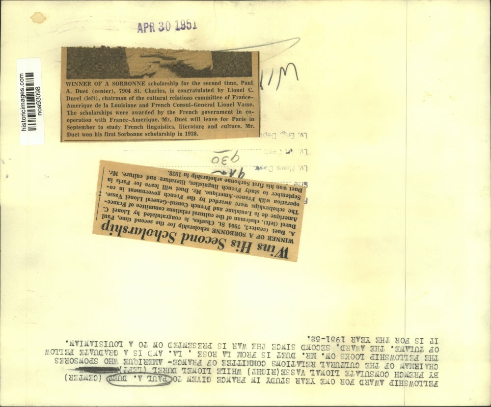 1951 Press Photo Winner of Sorbonne scholarship awarded by the French Government