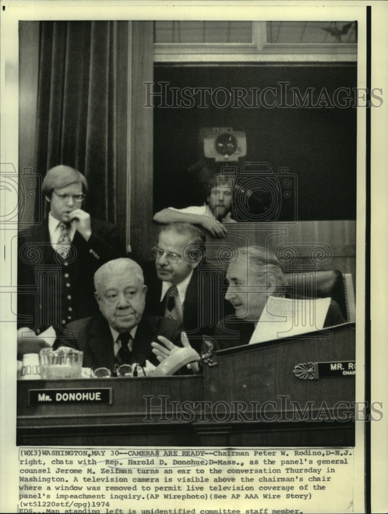 Load image into Gallery viewer, 1974 Press Photo Chairman Peter Rodino and Rep. Harold Donohue-Nixon Impeachment
