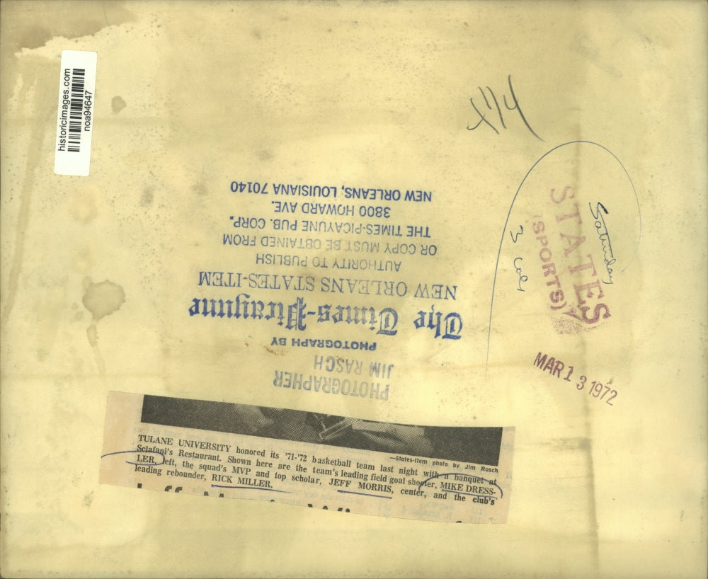 1972 Press Photo Tulane University honored its '71-'72 basketball team