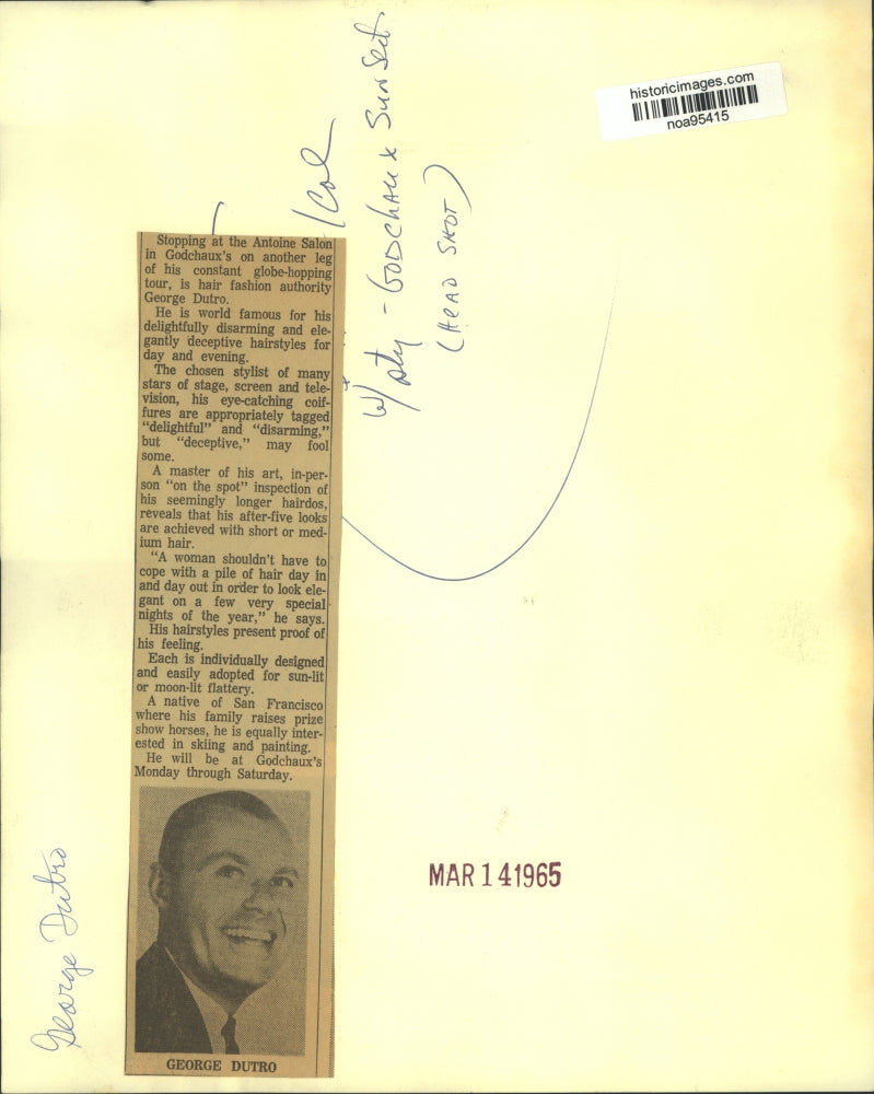 Load image into Gallery viewer, 1965 Press Photo Hair fashion authority George Dutro at Antoine Salon, Godchaux
