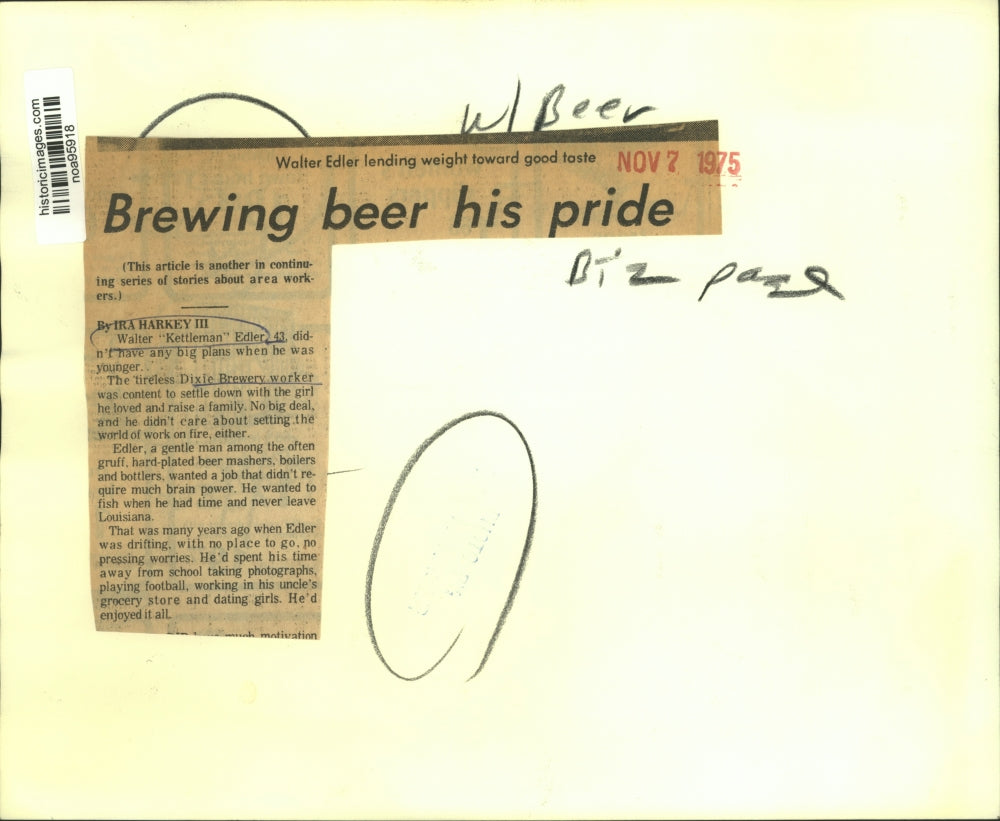 1975 Press Photo Walter Edler worker for Dixie Brewery - noa95918