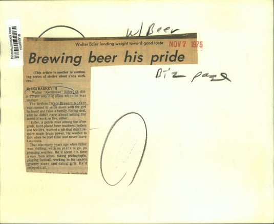 1975 Press Photo Walter Edler worker for Dixie Brewery - noa95918